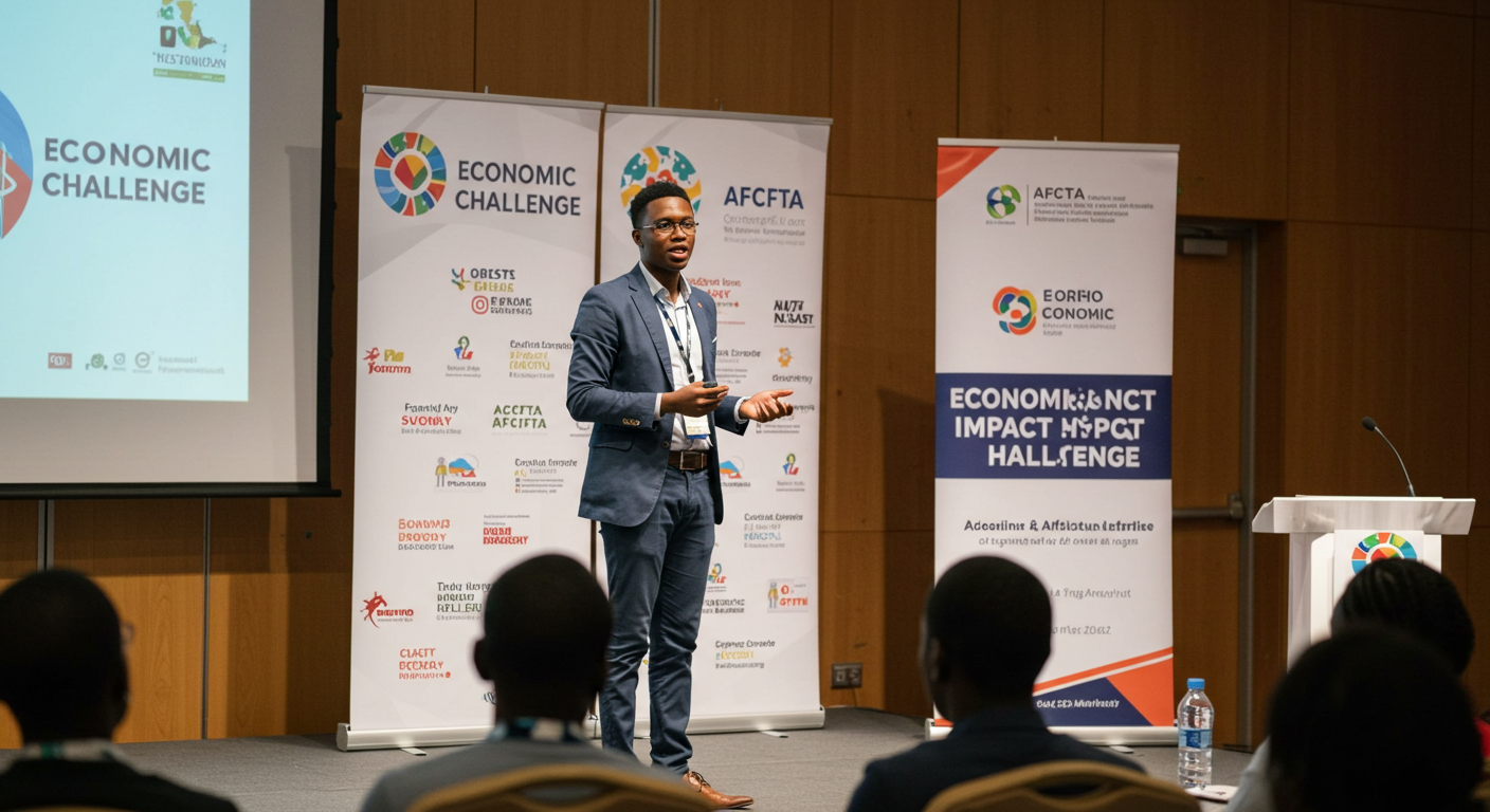 AFEL Africa team discussing youth economic initiatives "African students learning about AfCFTA policies" Founder of AFEL Africa speaking at conference Youth economic empowerment Africa